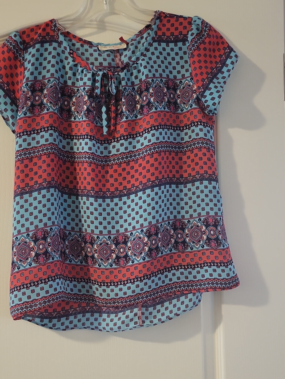 Red Camel Coral and Light Blue Tie-Neck Short Sleeve Blouse